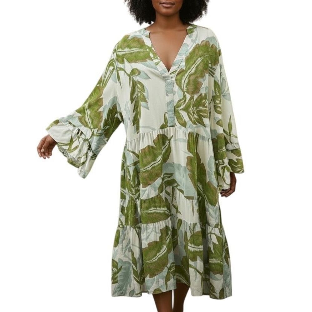 Mlle Gabrielle 2X Tropical Palm Leaf Midi Dress Ruffled Bell Sleeve Boho Plus